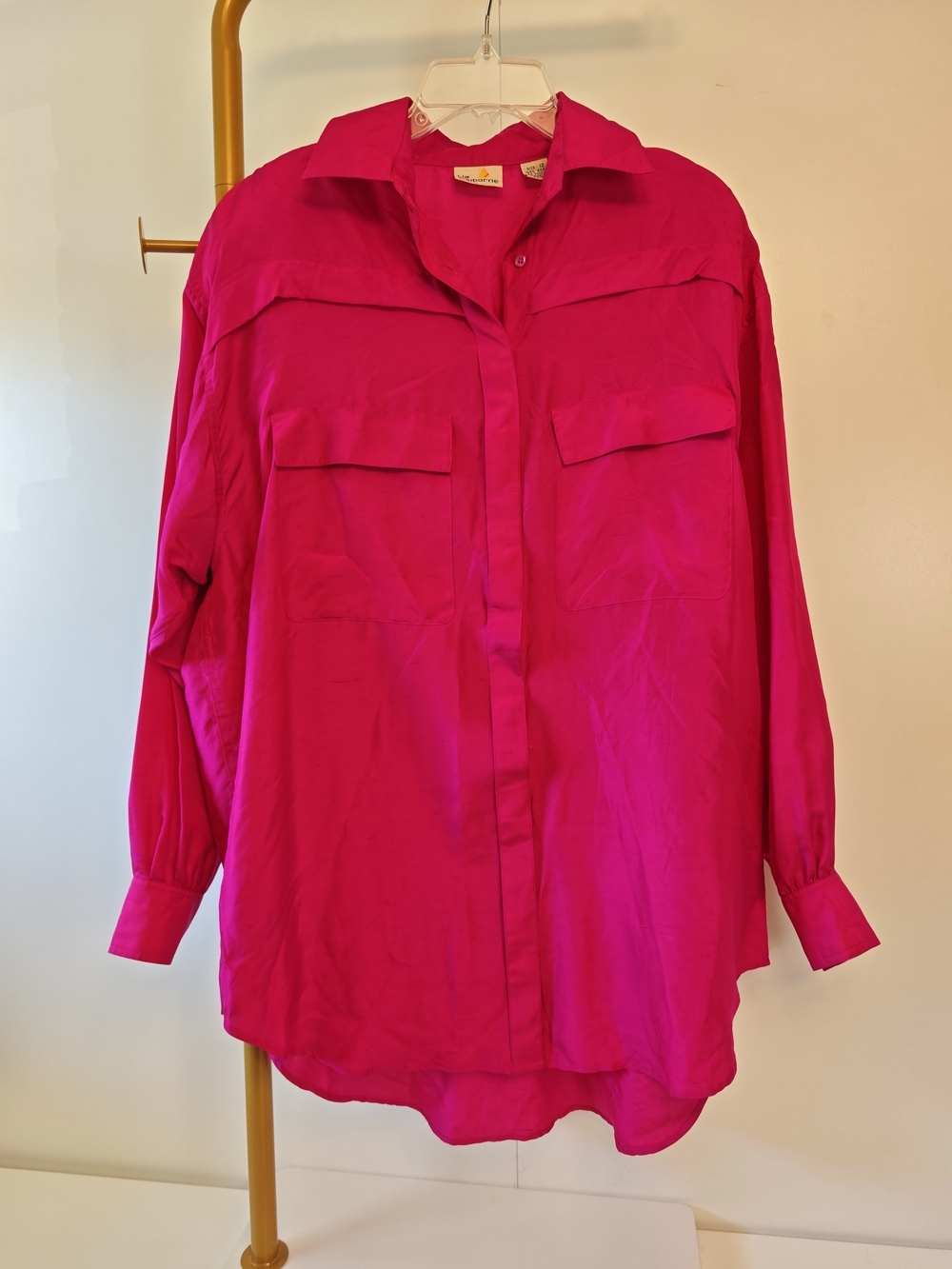 Vintage Silk Cottage Hot Pink Oversized Liz Claiborne Button-Down Shirt Sz 12